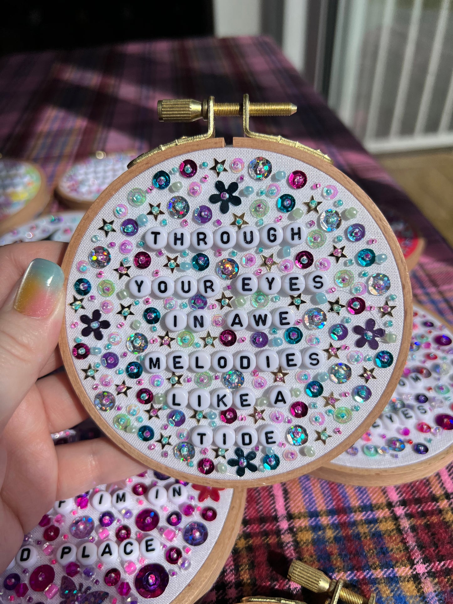 Carla's Song Beaded Hand Embroidered Decor in 4 inch Wooden Hoop