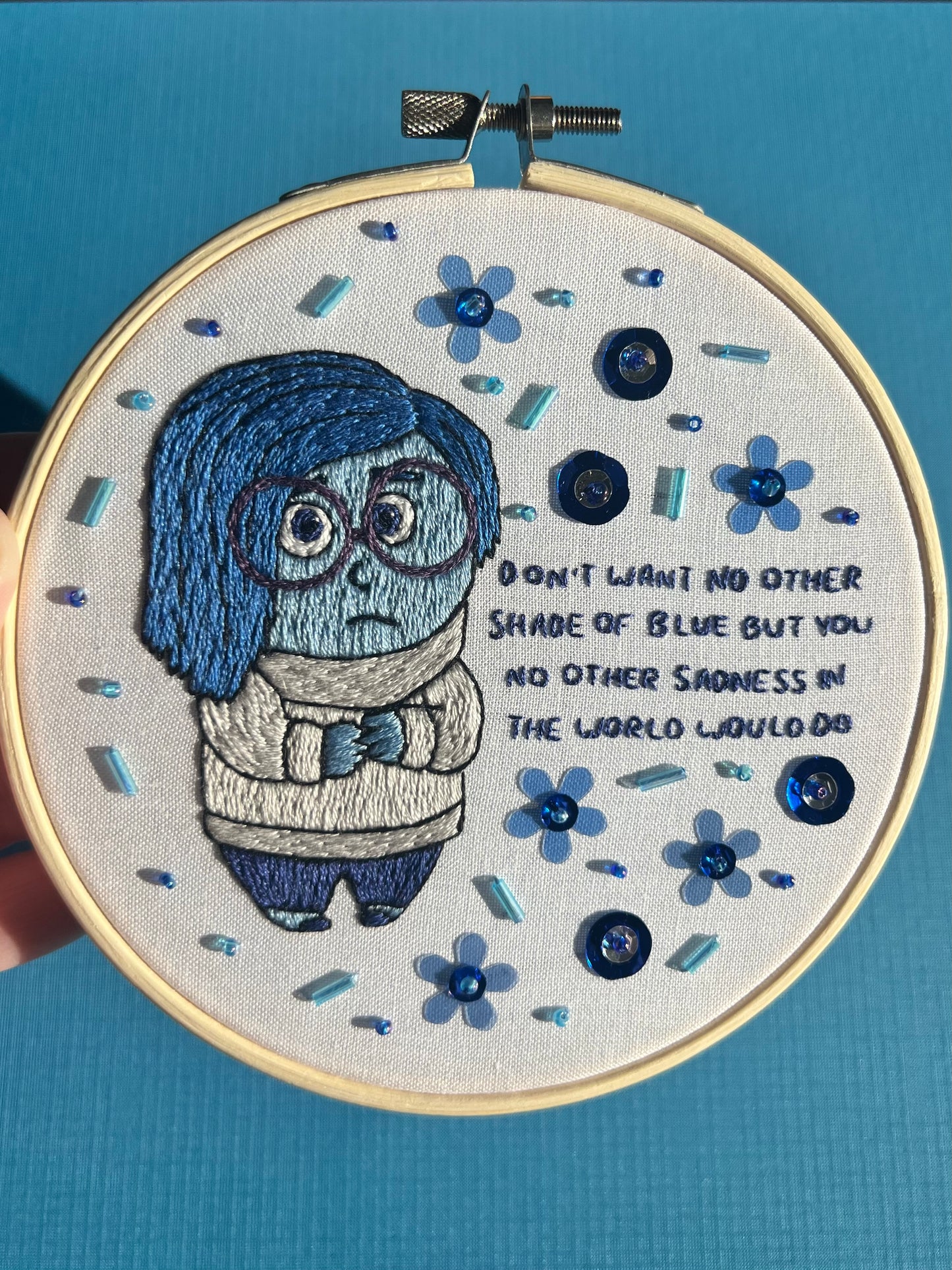 No Other Shade of Blue Hand Embroidered Decor in 5 inch Wooden Hoop