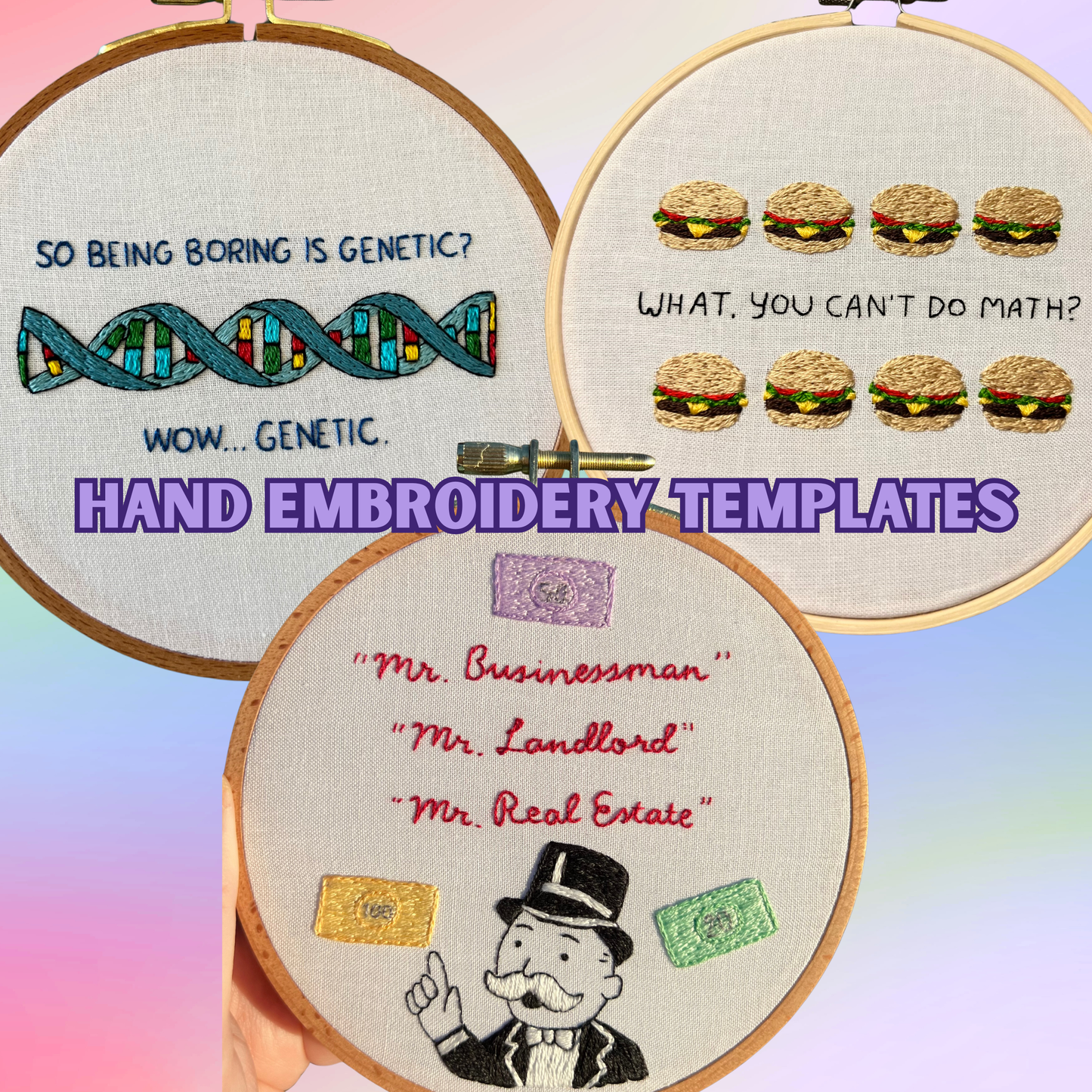 Burgers, Real Estate & Genetics - Embroidery Template Pack (3)