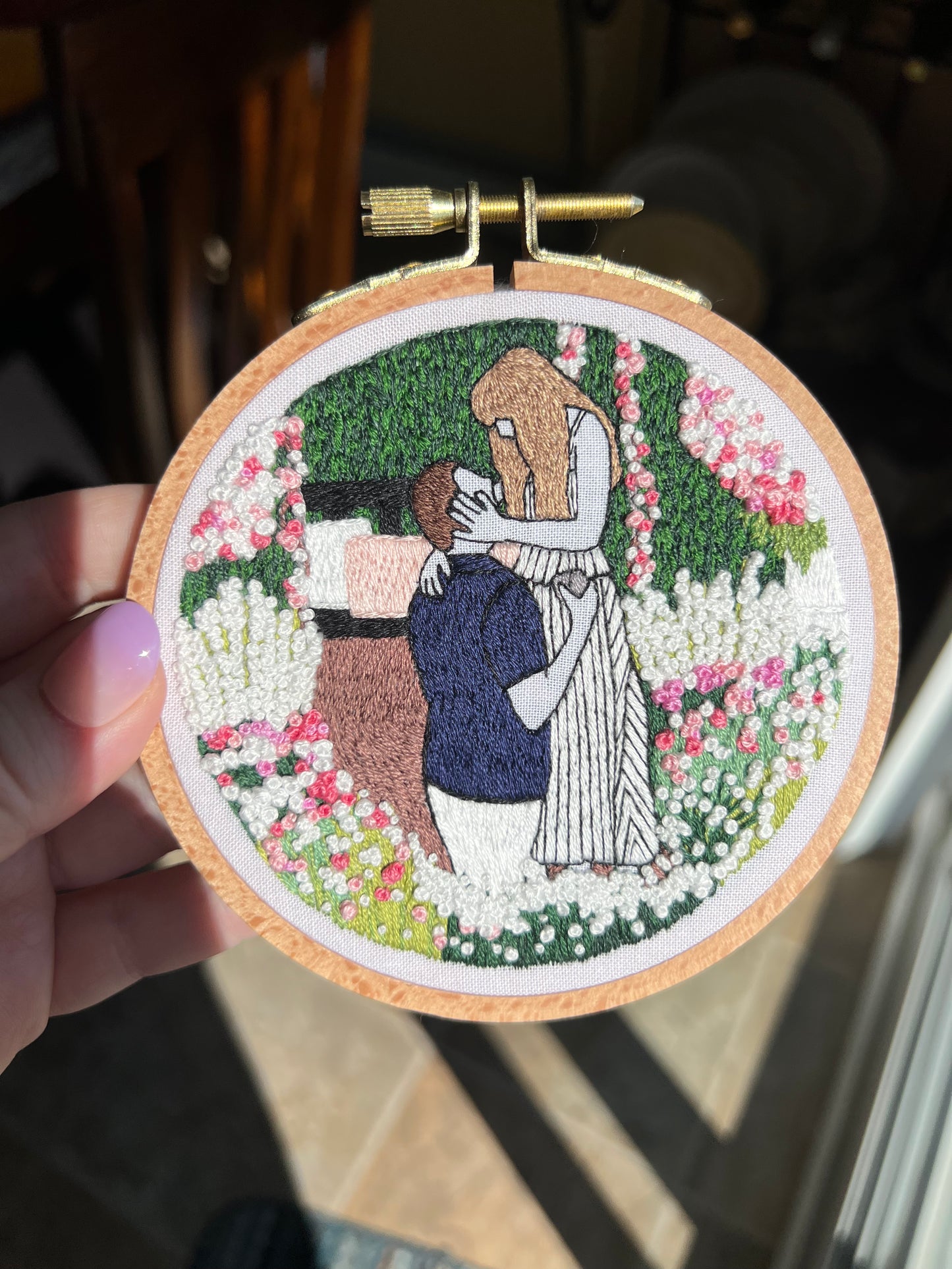 Engagement Floral Hand Embroidered Decor in 4 inch Wooden Hoop