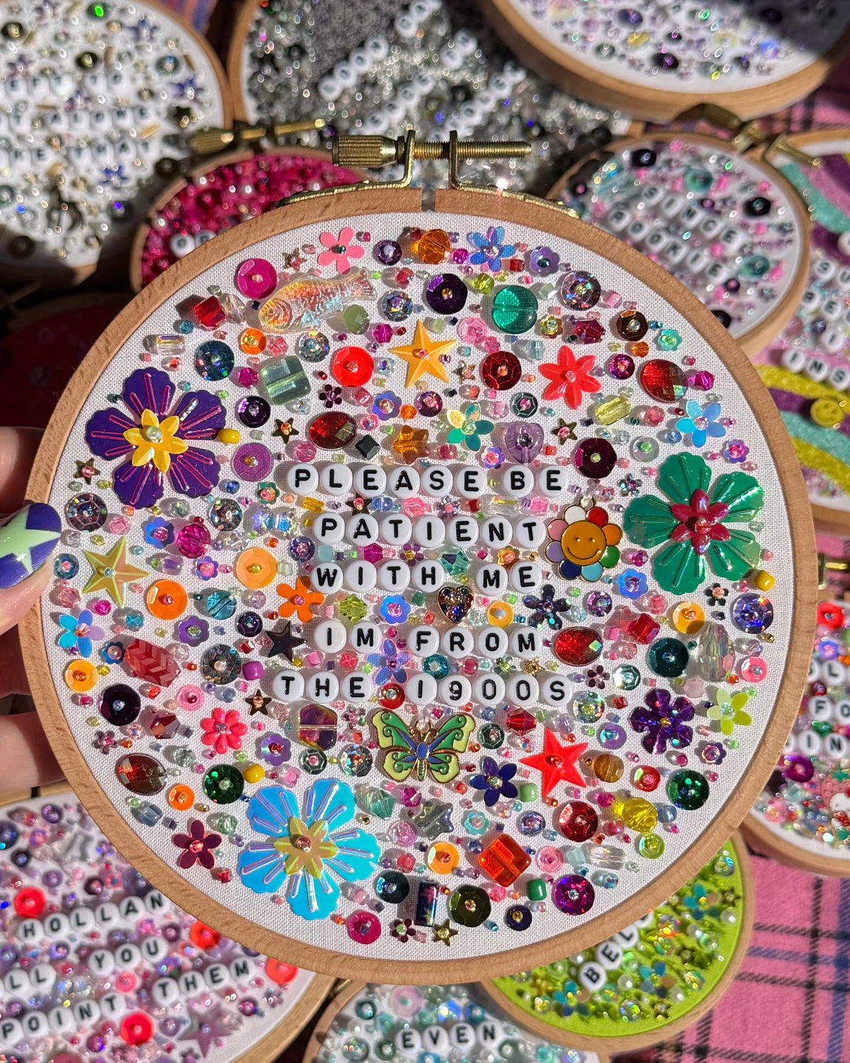 AUCTION - FROM THE 1900s Beaded Hand Embroidered Decor in 6 inch Hoop