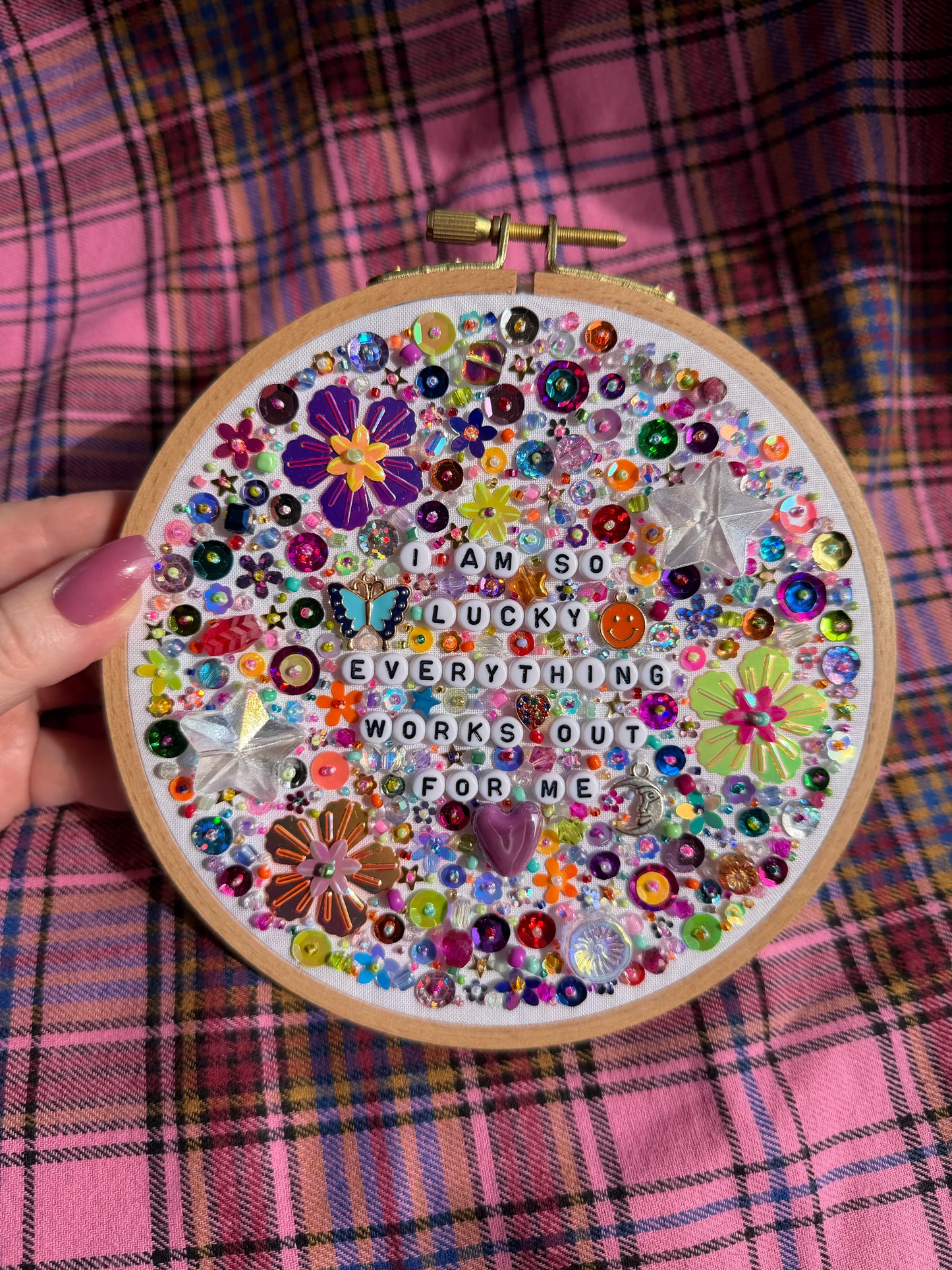 AUCTION - I Am So Lucky Beaded Embroidered Decor in 6 inch Hoop