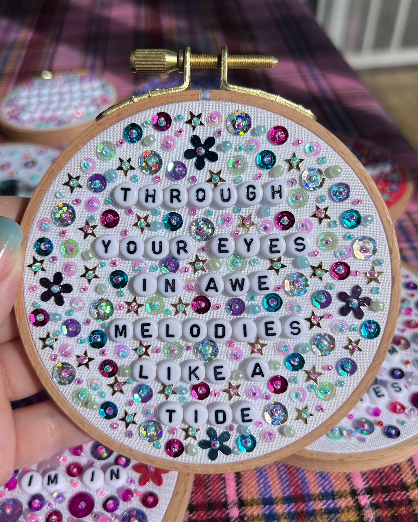 Carla's Song Beaded Hand Embroidered Decor in 4 inch Wooden Hoop
