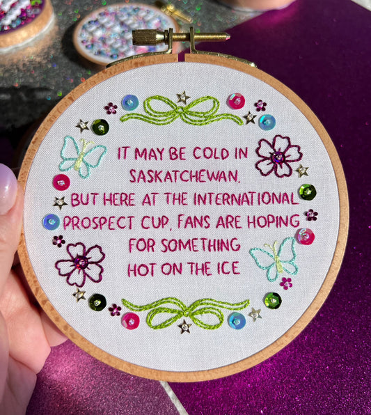Hot on the Ice Hand Embroidered Decor in 5 inch Wooden Hoop