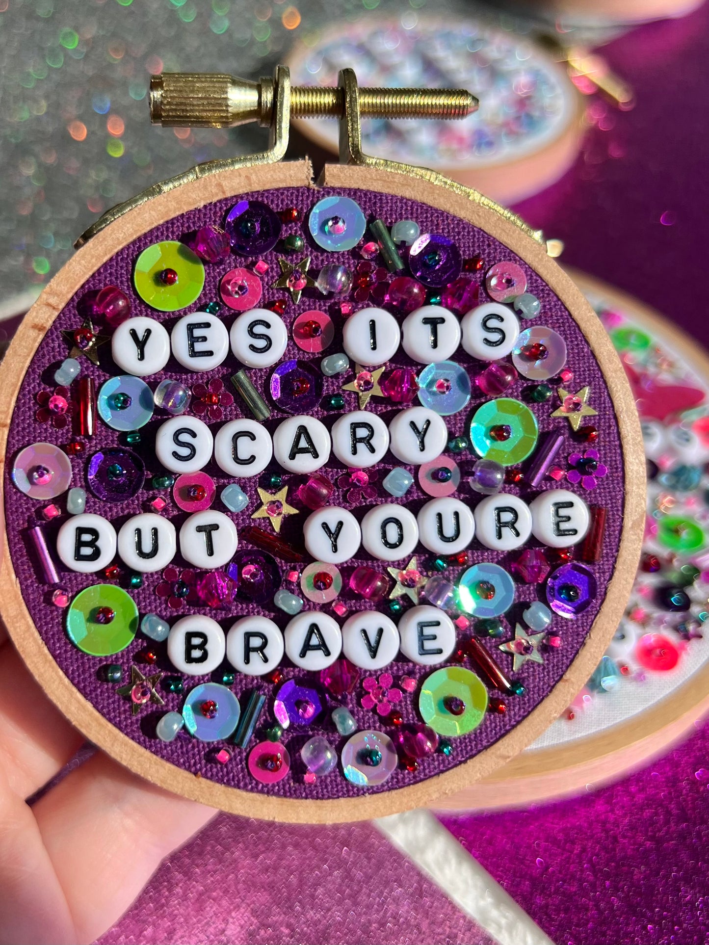 But You're Brave Beaded Hand Embroidered Decor in 3 inch Wooden Hoop
