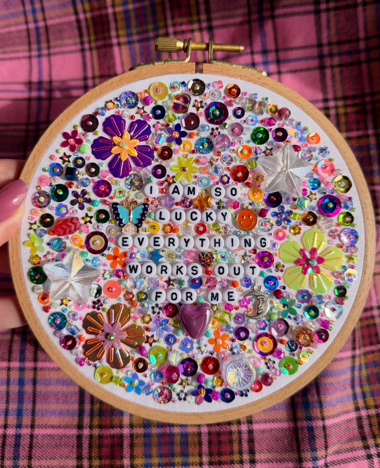 AUCTION - I Am So Lucky Beaded Embroidered Decor in 6 inch Hoop