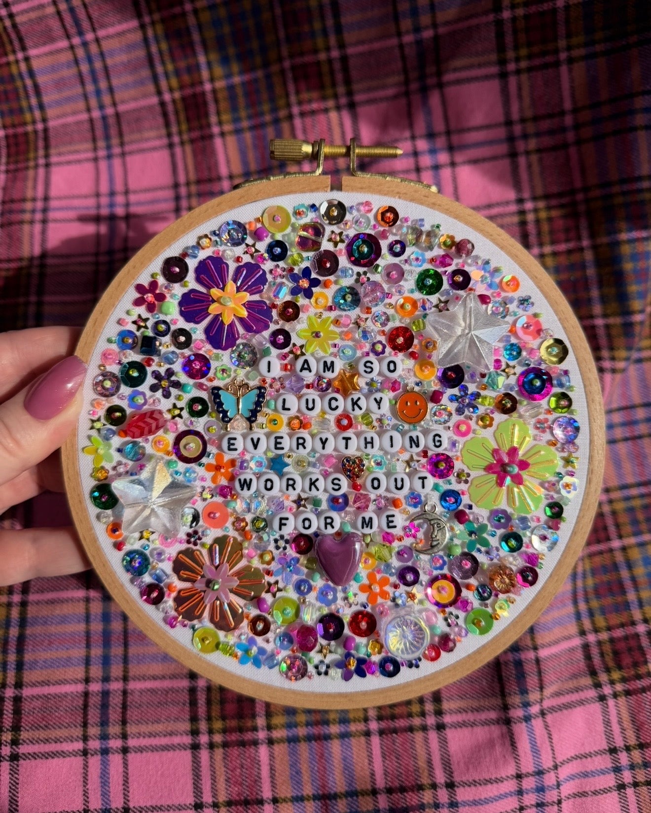 AUCTION - I Am So Lucky Beaded Embroidered Decor in 6 inch Hoop