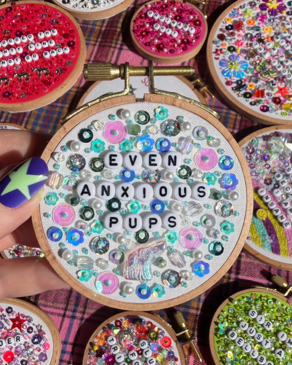 Anxious Pups Beaded Hand Embroidered Decor in 3 inch Hoop