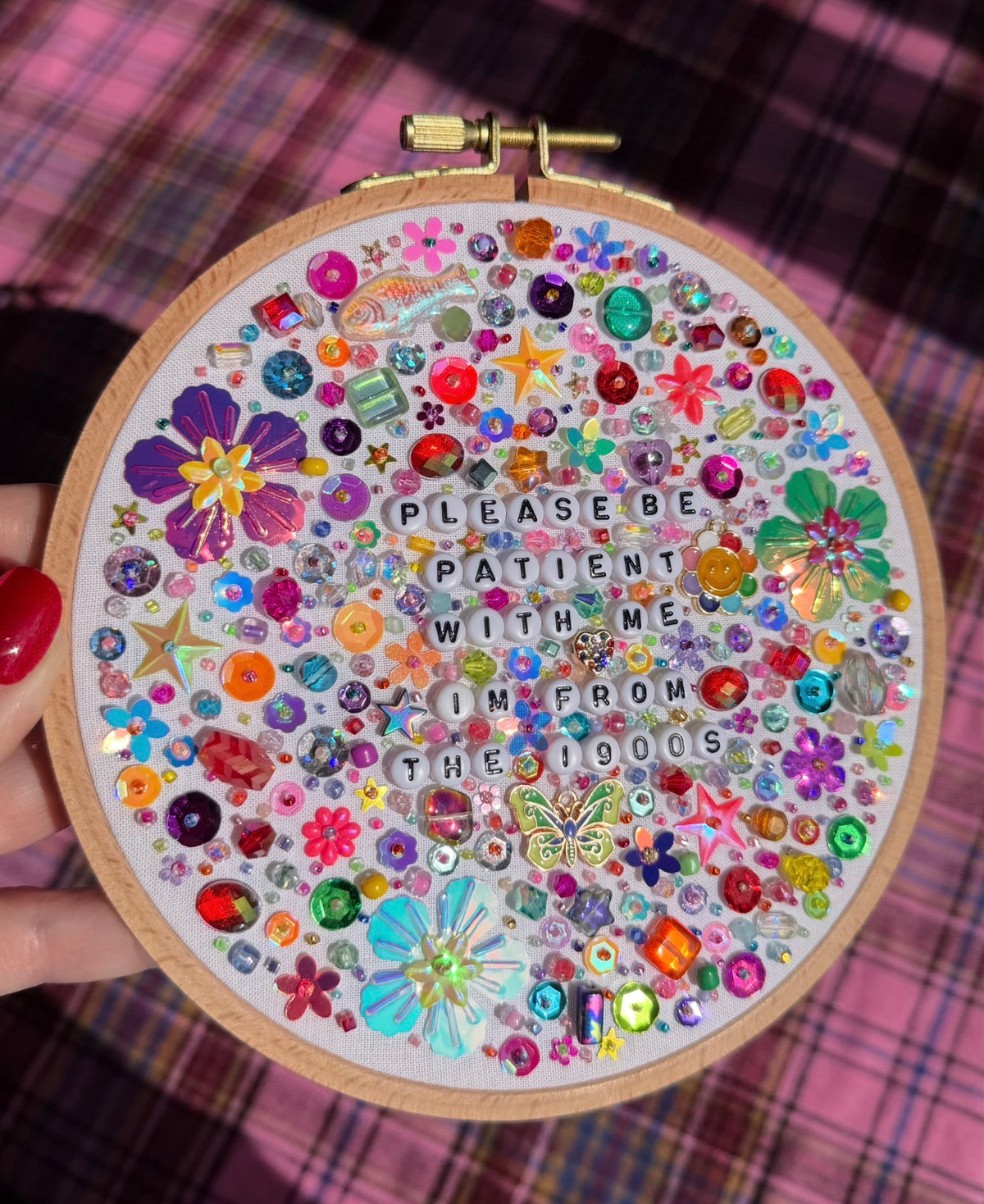 AUCTION - FROM THE 1900s Beaded Hand Embroidered Decor in 6 inch Hoop