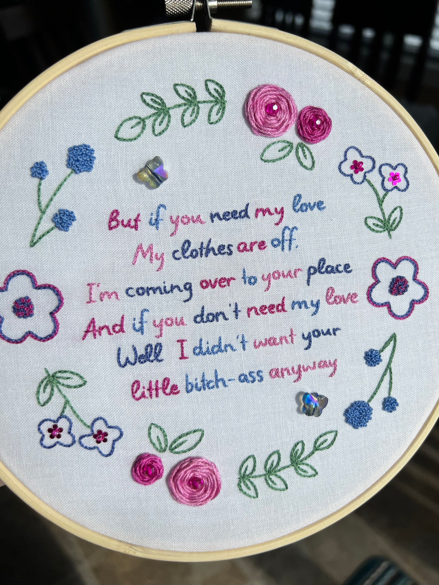 Busy Woman Florals Hand Embroidered Decor in 7 inch Wooden Hoop
