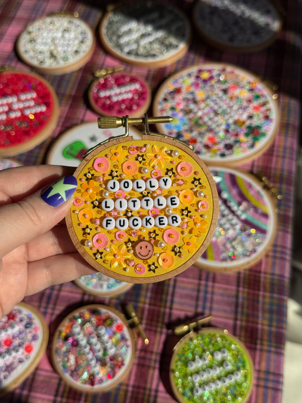 Jolly Little F*cker Beaded Hand Embroidered Decor in 3 inch Hoop