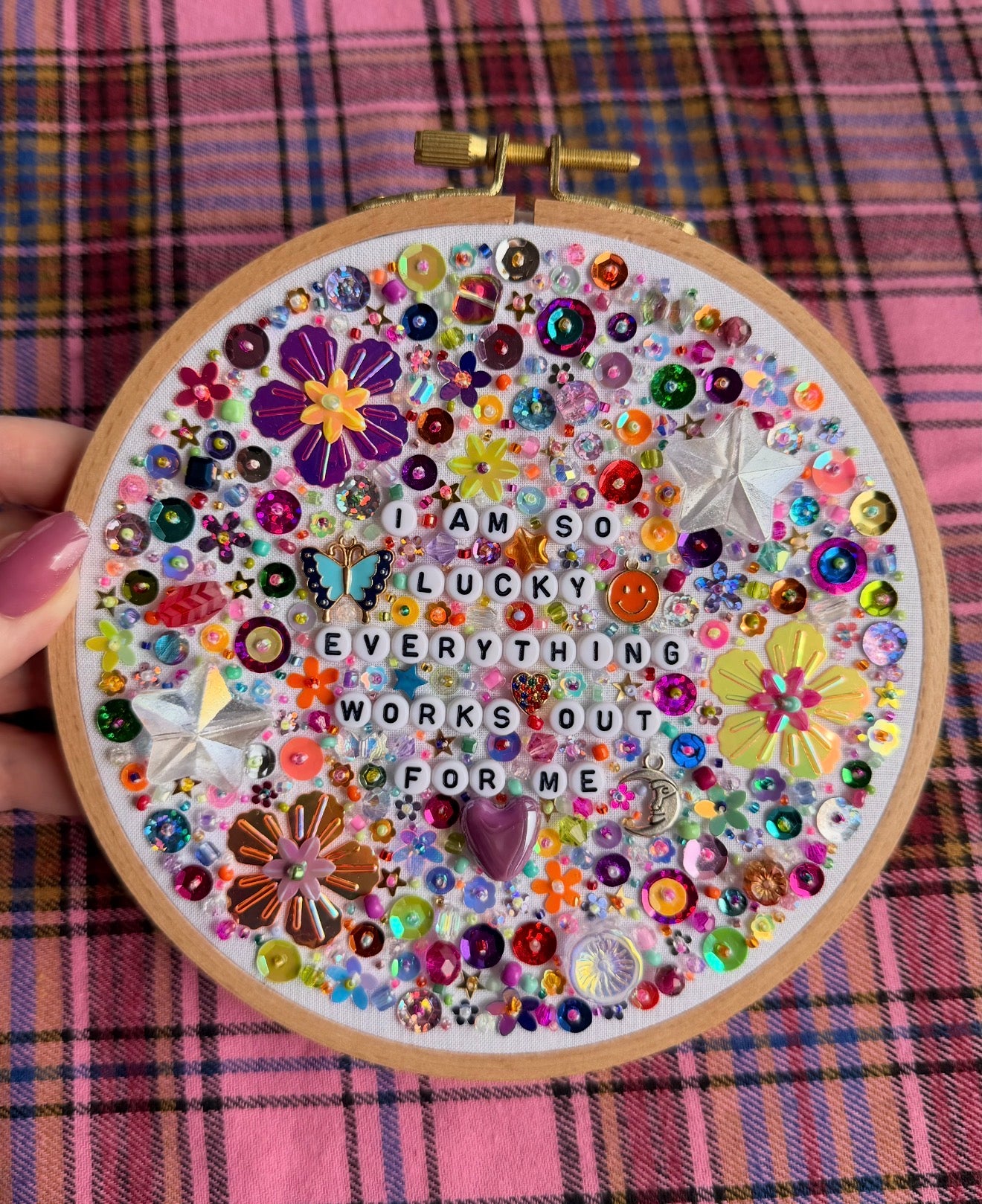 AUCTION - I Am So Lucky Beaded Embroidered Decor in 6 inch Hoop