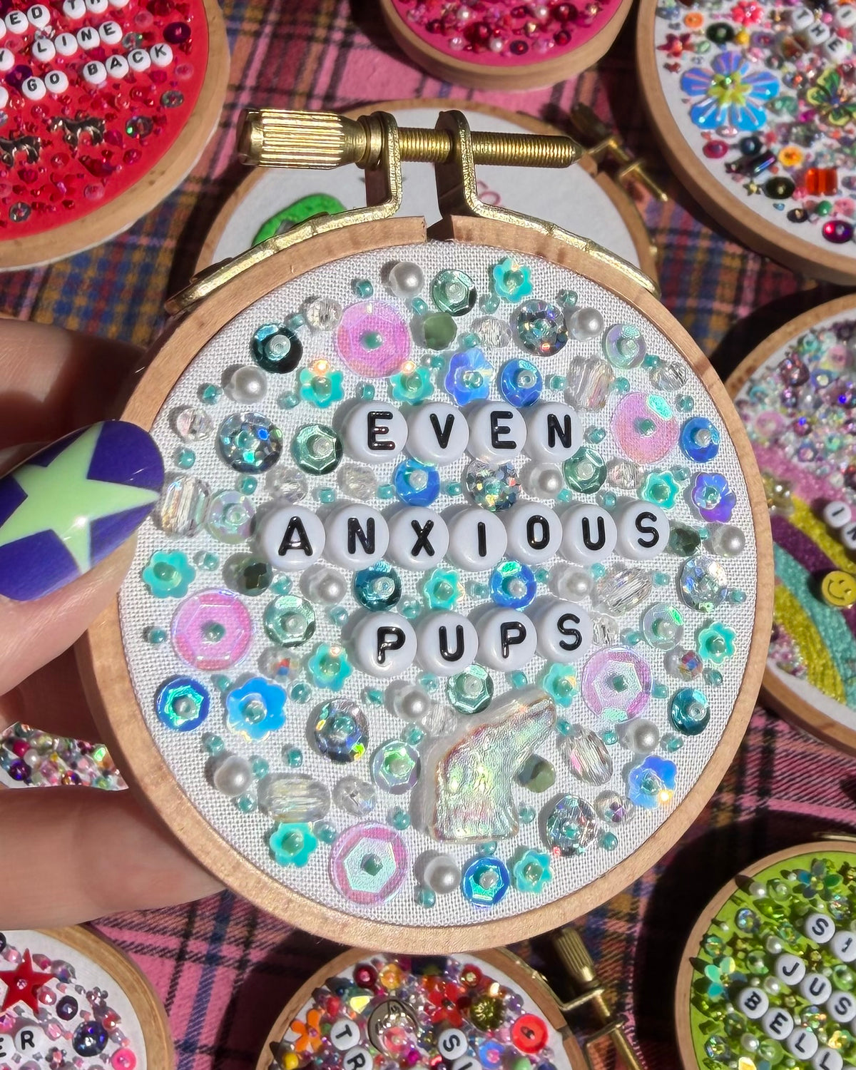 Anxious Pups Beaded Hand Embroidered Decor in 3 inch Hoop