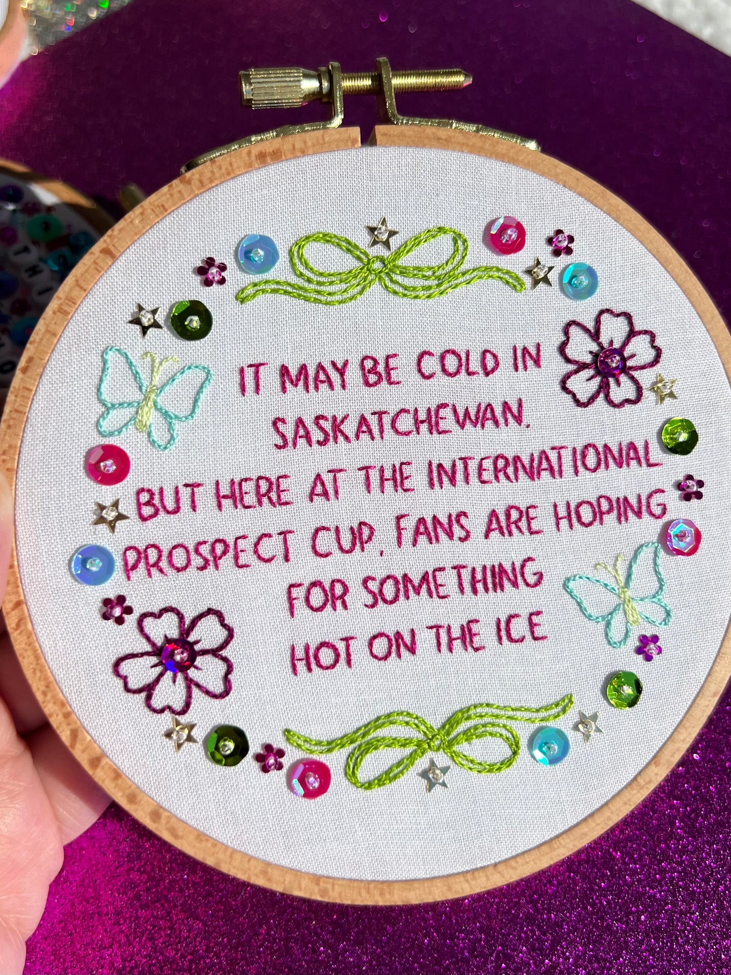 Hot on the Ice Hand Embroidered Decor in 5 inch Wooden Hoop