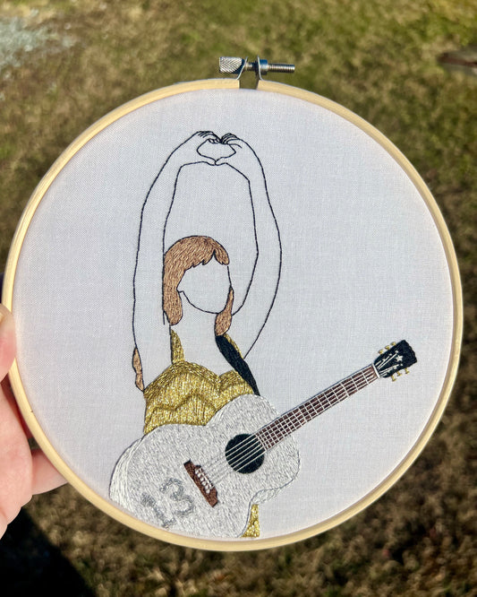 Hand Heart Guitar Hand Embroidered Decor in 7 inch Wooden Hoop